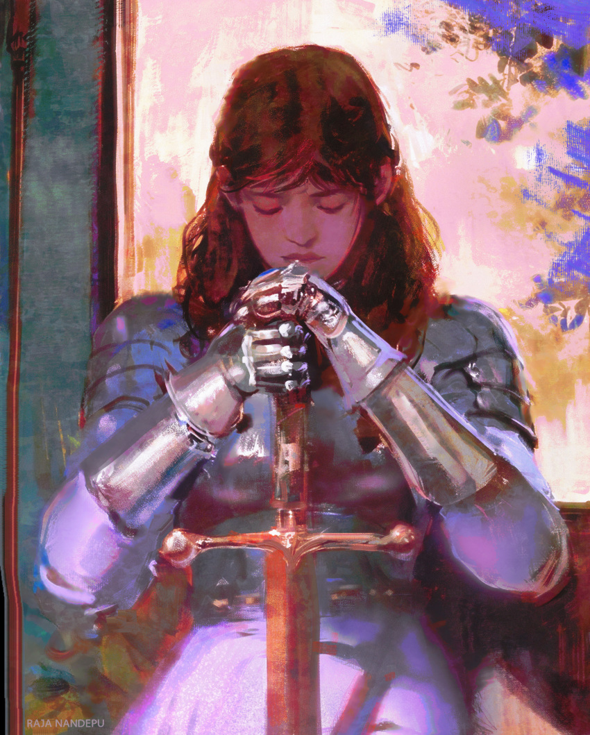 1girl, absurdres, armor, artist_name, blurry, breastplate, brown_hair, closed_eyes, closed_mouth, facing_viewer, film_grain, gauntlets, highres, holding, holding_sword, holding_weapon, indoors, knight, lips, long_hair, nose, original, own_hands_together, painterly, raja_nandepu, realistic, shoulder_armor, solo, swept_bangs, sword, upper_body, weapon, window