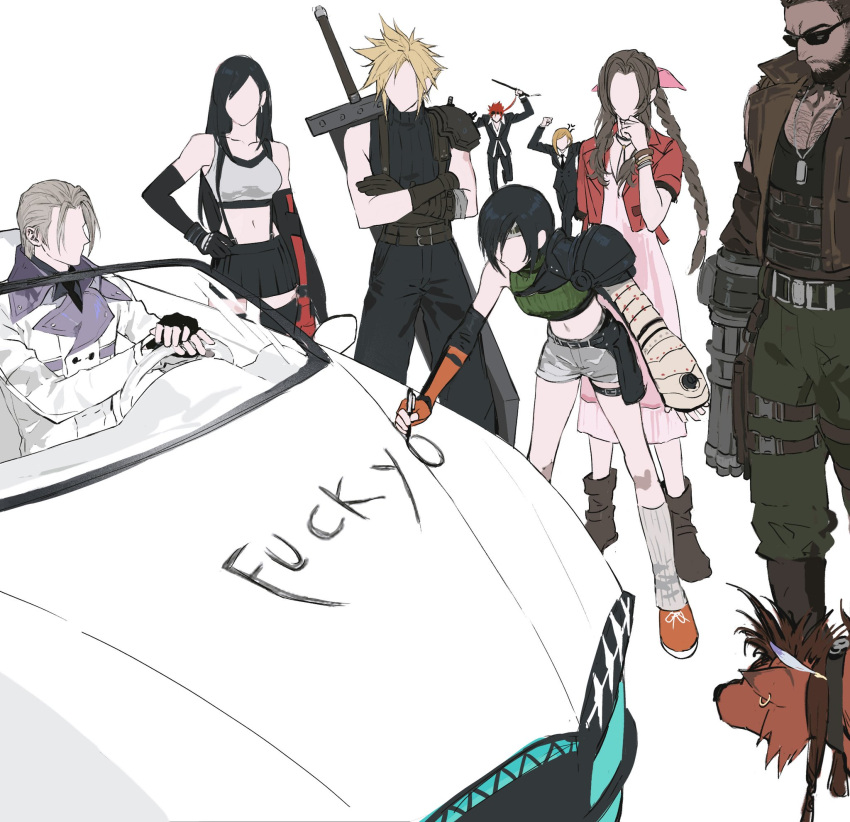 4girls, 5boys, aerith_gainsborough, animal, armor, bangle, barret_wallace, belt