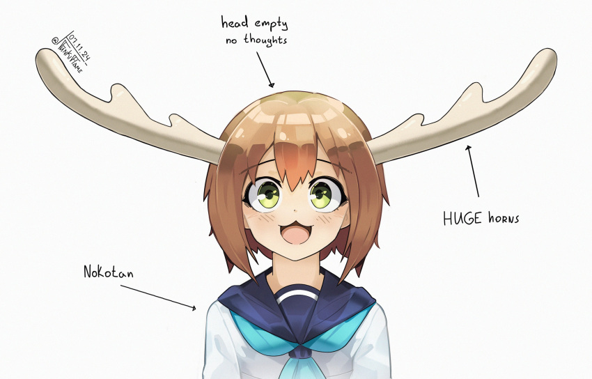 1girl, :3, :d, absurdres, antlers, aqua_neckerchief, arrow_(symbol), blue_sailor_collar, brown_hair, dated, deer_antlers, deer_girl, diagram, dot_nose, english_commentary, english_text, funkiflame, green_eyes, highres, horns, light_blush, looking_at_viewer, medium_hair, neckerchief, open_mouth, portrait, sailor_collar, school_uniform, shikanoko_noko, shikanoko_nokonoko_koshitantan, shirt, simple_background, smile, solo, twitter_username, typo, white_background, white_shirt, wide-eyed