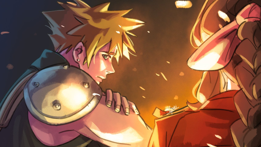 1boy, 1girl, aerith_gainsborough, armor, artist_name, blonde_hair, blue_shirt, braid