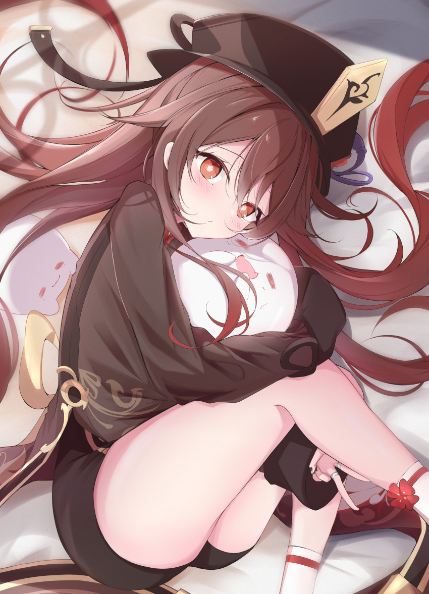 1girl, :/, absurdres, bed_sheet, black_nails, blush, boo_tao_(genshin_impact), brown_coat