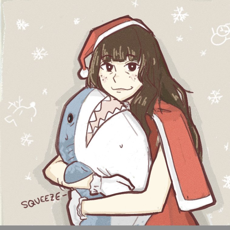 1girl, black_eyes, blunt_bangs, brown_hair, christmas, denkirk, english_text, freckles