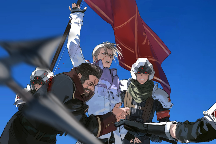 5boys, arm_up, armor, black_gloves, black_hair, blonde_hair, blood, blood_on_face, blue_sky, blurry, blurry_foreground, coat, commentary_request, final_fantasy, final_fantasy_vii, final_fantasy_vii_remake, fingerless_gloves, gloves, green_scarf, heidegger_(final_fantasy), helmet, highres, jacket, long_sleeves, male_focus, multiple_boys, open_hand, open_mouth, outdoors, parted_lips, quxiaochong, red_flag, rufus_shinra, scarf, shinra_infantry, shinra_infantry_uniform, short_hair, shoulder_armor, sky, upper_body, white_coat