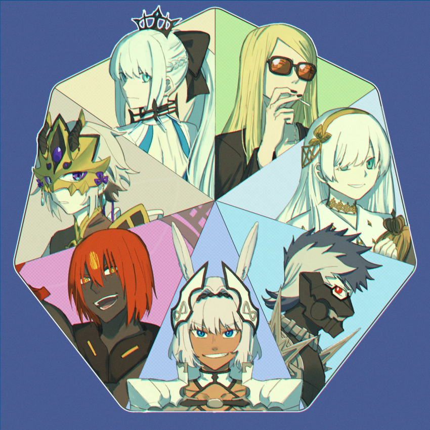 3girls, 4boys, anastasia_(fate), animal_ears, ashwatthama_(fate), blonde_hair, blue_eyes, caenis_(fate)