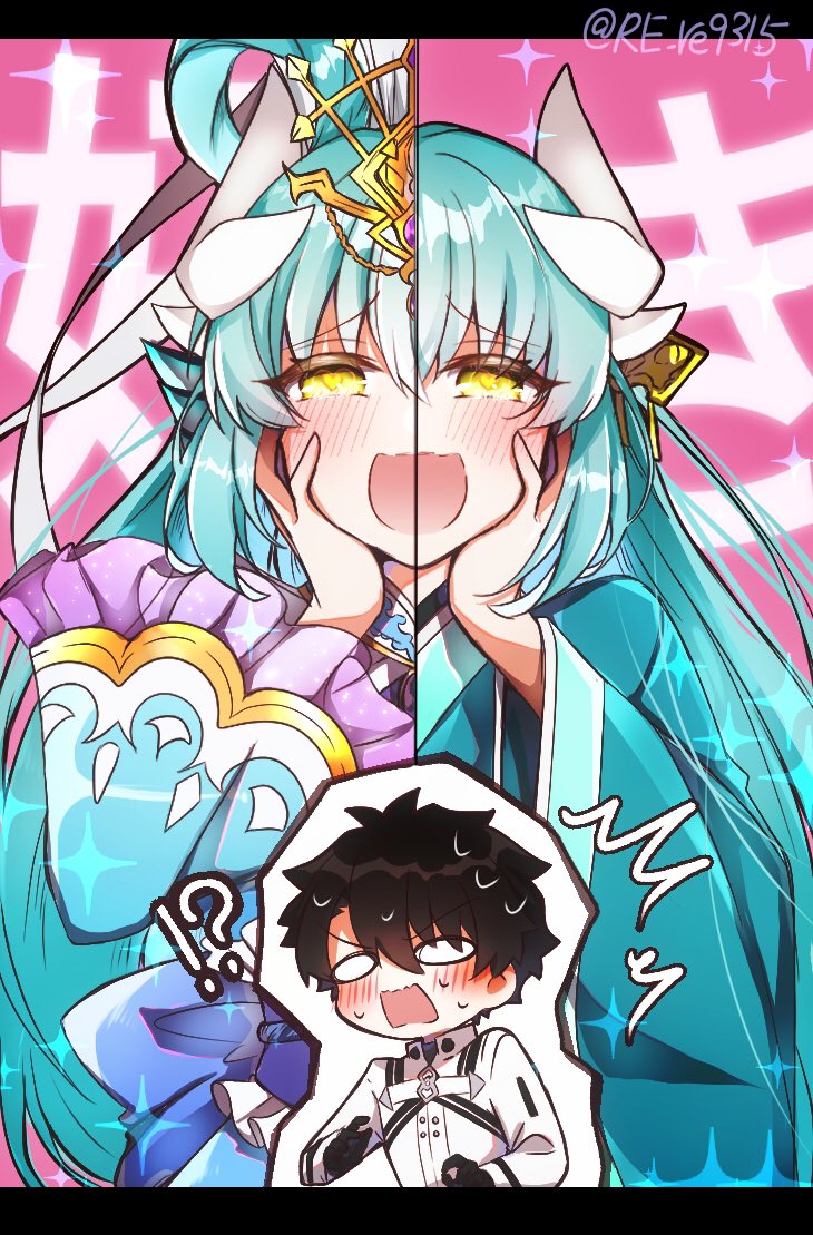 1boy, 2girls, black_gloves, blue_hair, blush, fate/grand_order, fate_(series), fujimaru_ritsuka_(male), fujimaru_ritsuka_(male)_(decisive_battle_chaldea_uniform), gloves, hair_rings, hands_on_own_face, heart, heart-shaped_pupils, horns, kiyohime_(fate), long_hair, multiple_girls, otohime_kiyohime_(fate), pink_background, re_re9315, scared, sweat, symbol-shaped_pupils, wide_sleeves, yellow_eyes