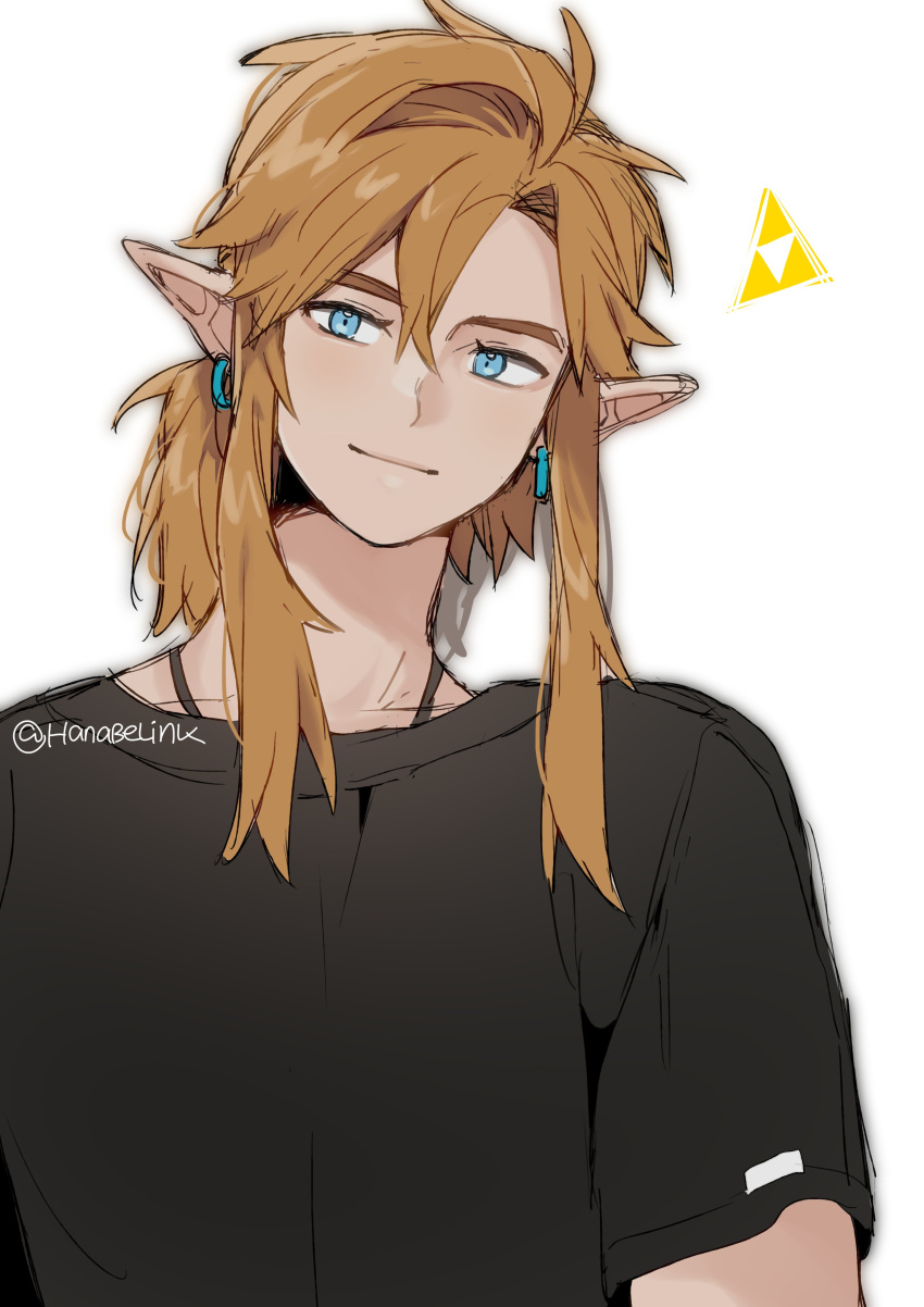 1boy, absurdres, black_shirt, blonde_hair, blue_eyes, closed_mouth, earrings, hair_between_eyes