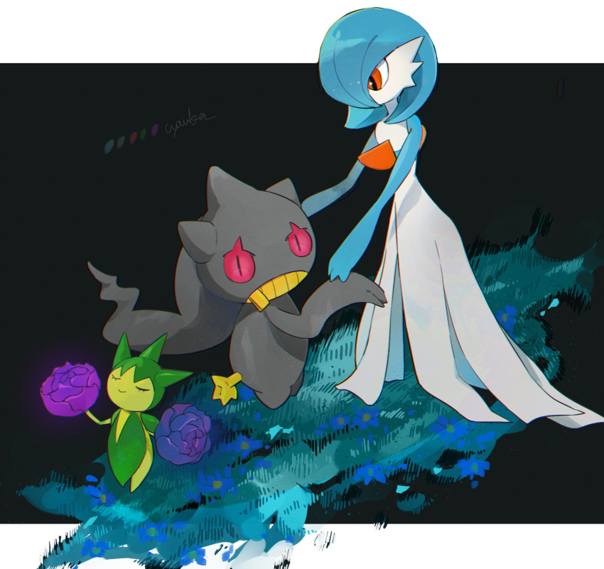 alternate_color, banette, black_background, blue_hair, blue_skin, closed_eyes, colored_skin, cyauken_(ouahloup), dress, flower, gardevoir, ghost, green_skin, highres, multicolored_skin, orange_eyes, pink_eyes, pokemon, pokemon_(creature), roselia_(pokemon), shiny_pokemon, signature, simple_background, smile, two-tone_skin, white_dress, white_skin, zipper_pull_tab