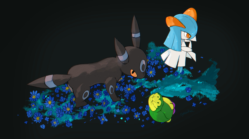 absurdres, alternate_color, black_background, black_fur, blue_hair, blue_skin, budew, colored_skin, cyauken_(ouahloup), flower, green_skin, highres, horns, kirlia, multicolored_skin, orange_eyes, pokemon, pokemon_(creature), shiny_pokemon, sidelocks, signature, simple_background, two-tone_fur, two-tone_skin, umbreon, white_skin
