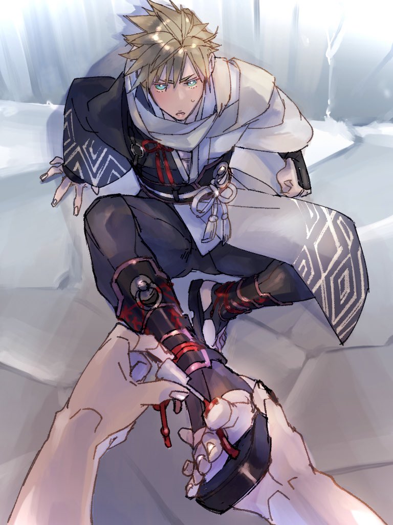 1boy, applying_pedicure, aqua_eyes, armor, black_pants, blonde_hair, cloud_strife, cloud_strife_(official_festive_garb)