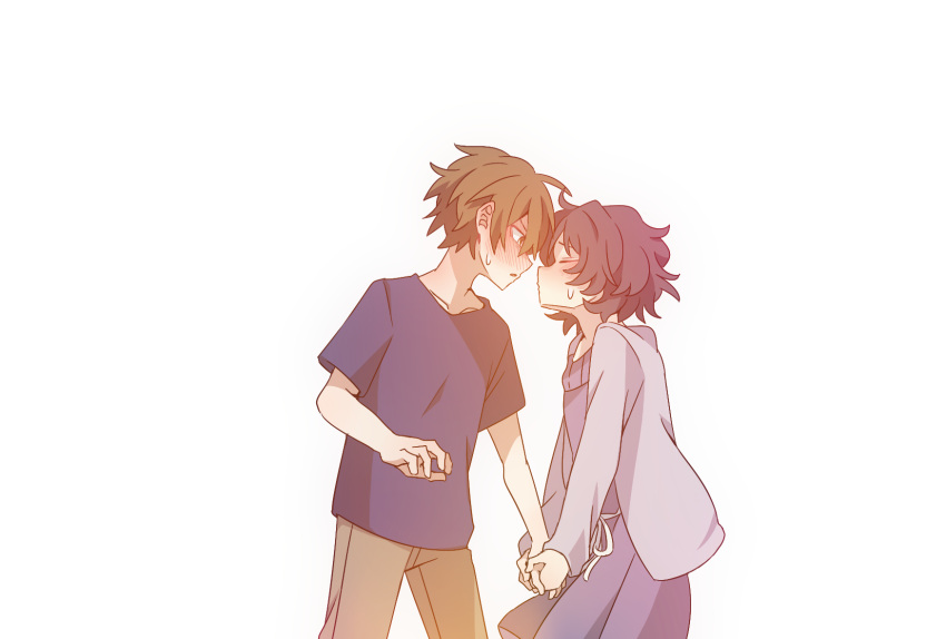 1boy, 1girl, black_hair, blue_shirt, blush, brown_eyes, brown_hair, brown_pants