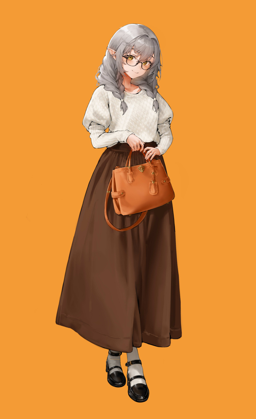 1girl, absurdres, bag, black-framed_eyewear, black_footwear, blush, braid, brown_skirt