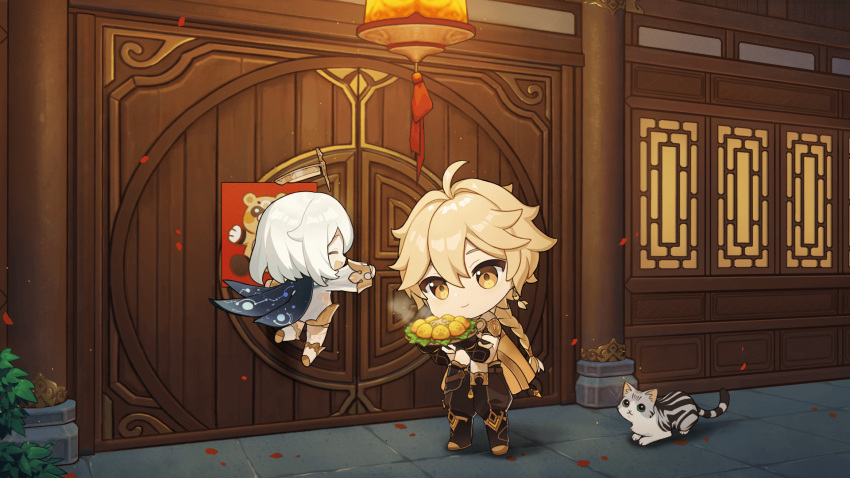 1boy, 1girl, aether_(genshin_impact), architecture, bad_source, building, cat, check_commentary, chibi, chibi_only, chinese_commentary, commentary, commentary_request, door, east_asian_architecture, falling_petals, food, genshin_impact, highres, holding, holding_food, lantern, light_particles, male_focus, night, official_art, outdoors, paimon_(genshin_impact), paper_lantern, petals, petals_on_ground, red_petals, shou_(symbol), smile, standing, steam, two-handed, wide_shot