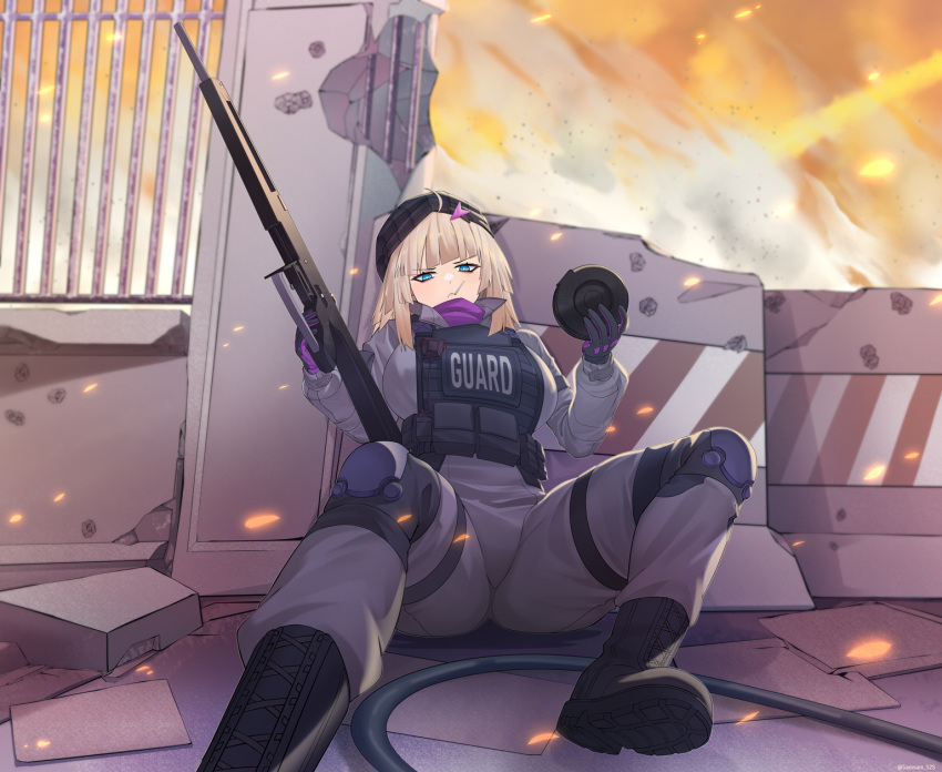 1girl, aa-12, aa-12_(girls'_frontline), alternate_breast_size, alternate_costume, bags_under_eyes, beanie, black_footwear, black_hat, blue_eyes, boots, breasts, bulletproof_vest, candy, combat_boots, commission, drum_magazine, food, food_in_mouth, full_body, girls_frontline, gun, hat, highres, holding, holding_gun, holding_magazine_(weapon), holding_weapon, large_breasts, lollipop, magazine_(weapon), pouch, reloading, roadblock, rubble, samsam_s2s, shotgun, smoke, solo, tactical_clothes, taking_cover, weapon