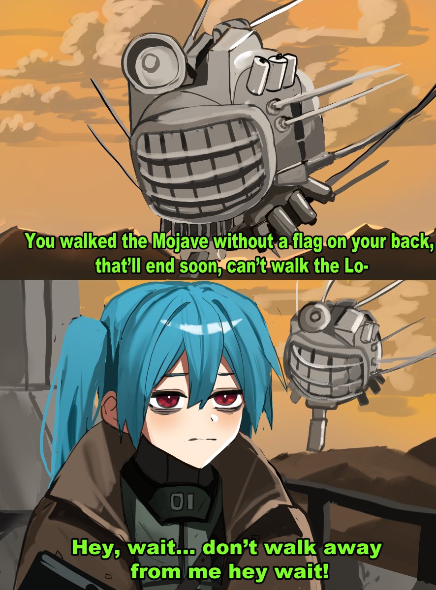 1girl, armor, blue_eyes, clouds, duster, ed-e, english_text, eyebot