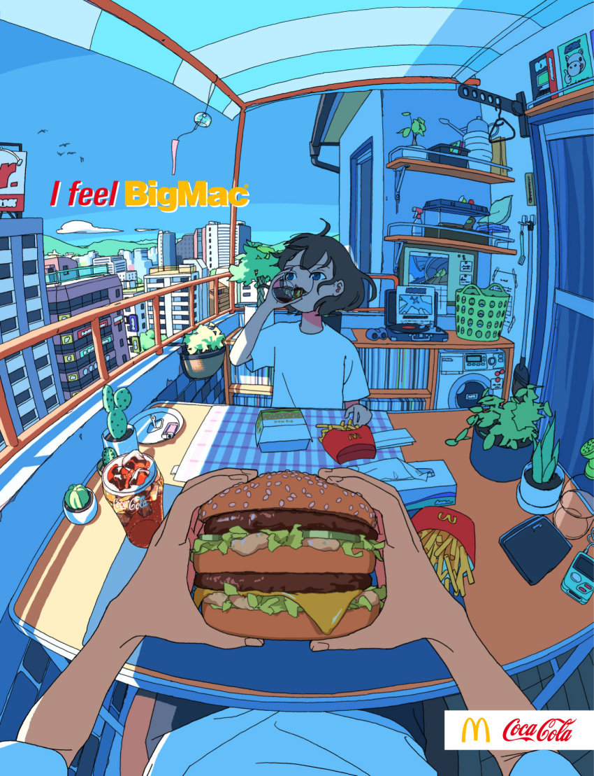 2others, ad, ahoge, akabane_1999, awning, balcony, big_mac, bird