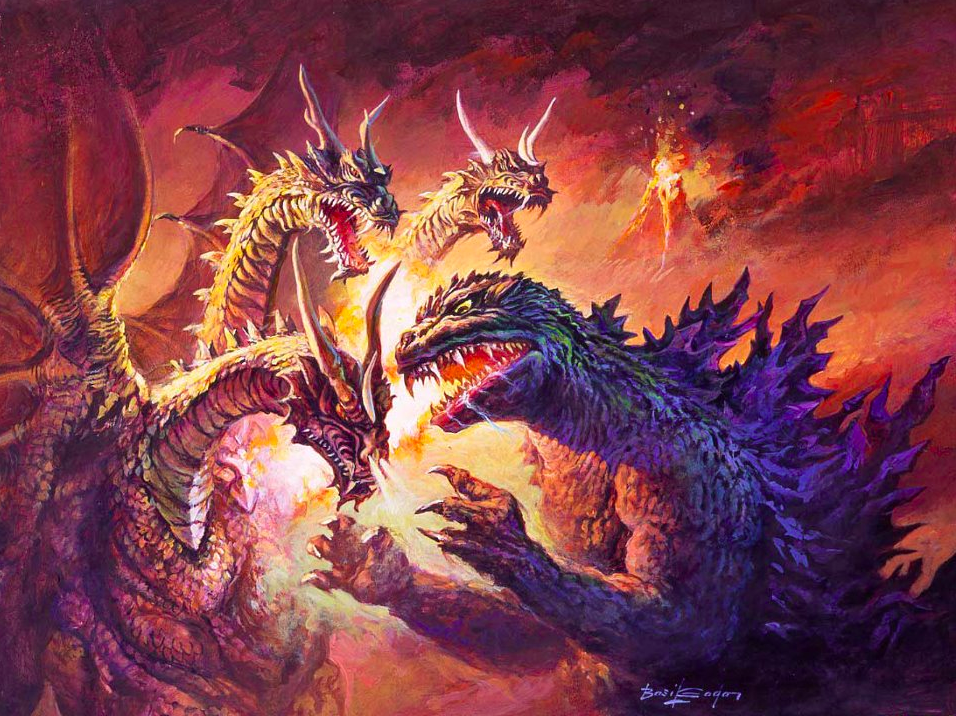 alien, bob_eggleton, conjoined, dinosaur, dragon, eruption, godzilla, godzilla_(series), godzilla_2000:_millennium, grand_king_ghidorah, hydra, kaiju, king_ghidorah, lava, monster, mothra_(series), multiple_heads, non-web_source, rebirth_of_mothra_iii, saliva, smoke, source_request, steam, toho_(film_company), volcano