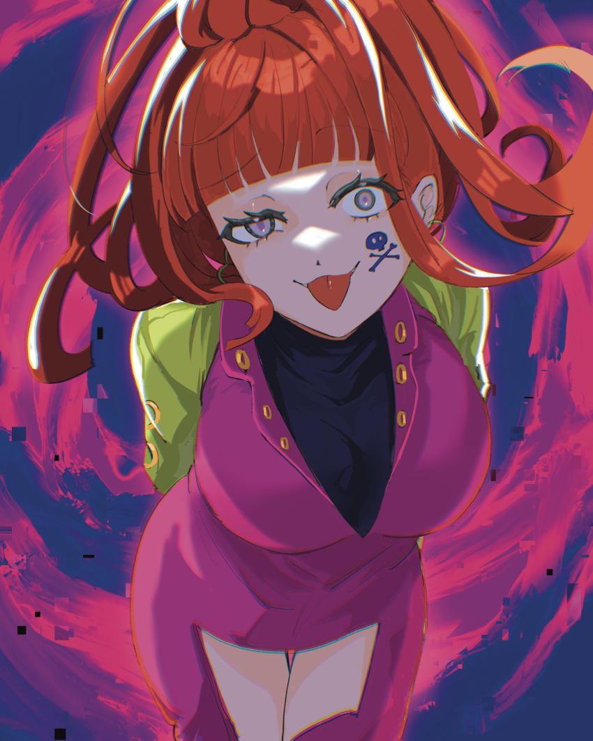 1girl, absurdres, blunt_bangs, corruption, dark_persona, earrings, gnosia, hair_between_eyes, heart, heart_earrings, high_ponytail, highres, jewelry, long_hair, long_sleeves, looking_at_viewer, nail_polish, redhead, simple_background, skull_tattoo, smile, solo, sq_(gnosia), tattoo, turtleneck, upper_body, user_nvwz8752