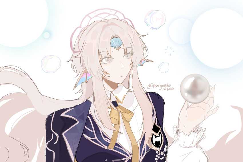 1girl, blue_jacket, bow, bowtie, commentary, english_commentary, fins, forehead_jewel