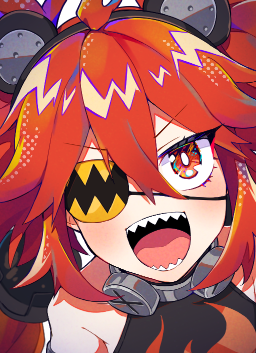 1girl, ahoge, akatsuxe, animal_ears, bear_ears, close-up, eyepatch, fake_animal_ears, fang, hair_between_eyes, koleda_belobog, long_hair, looking_at_viewer, orange_eyes, orange_hair, red_eyes, redhead, shirt, twintails, upper_body, zenless_zone_zero