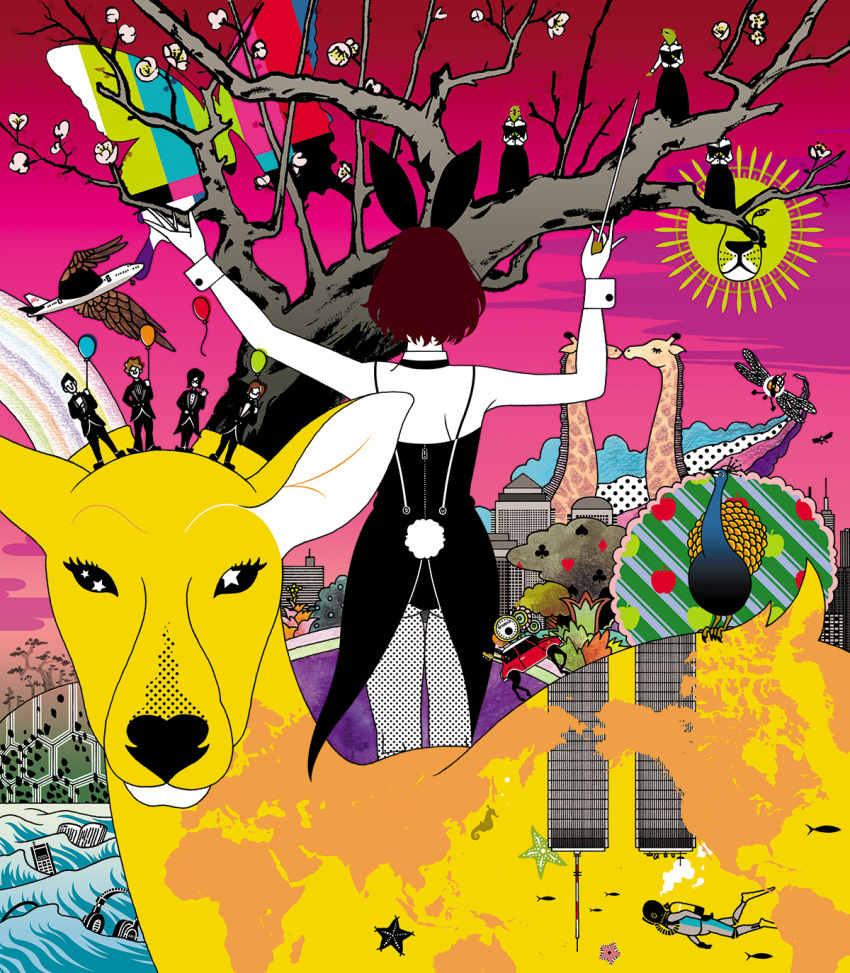1girl, 4boys, abstract, aircraft, airplane, album_cover, animal, animal_ears