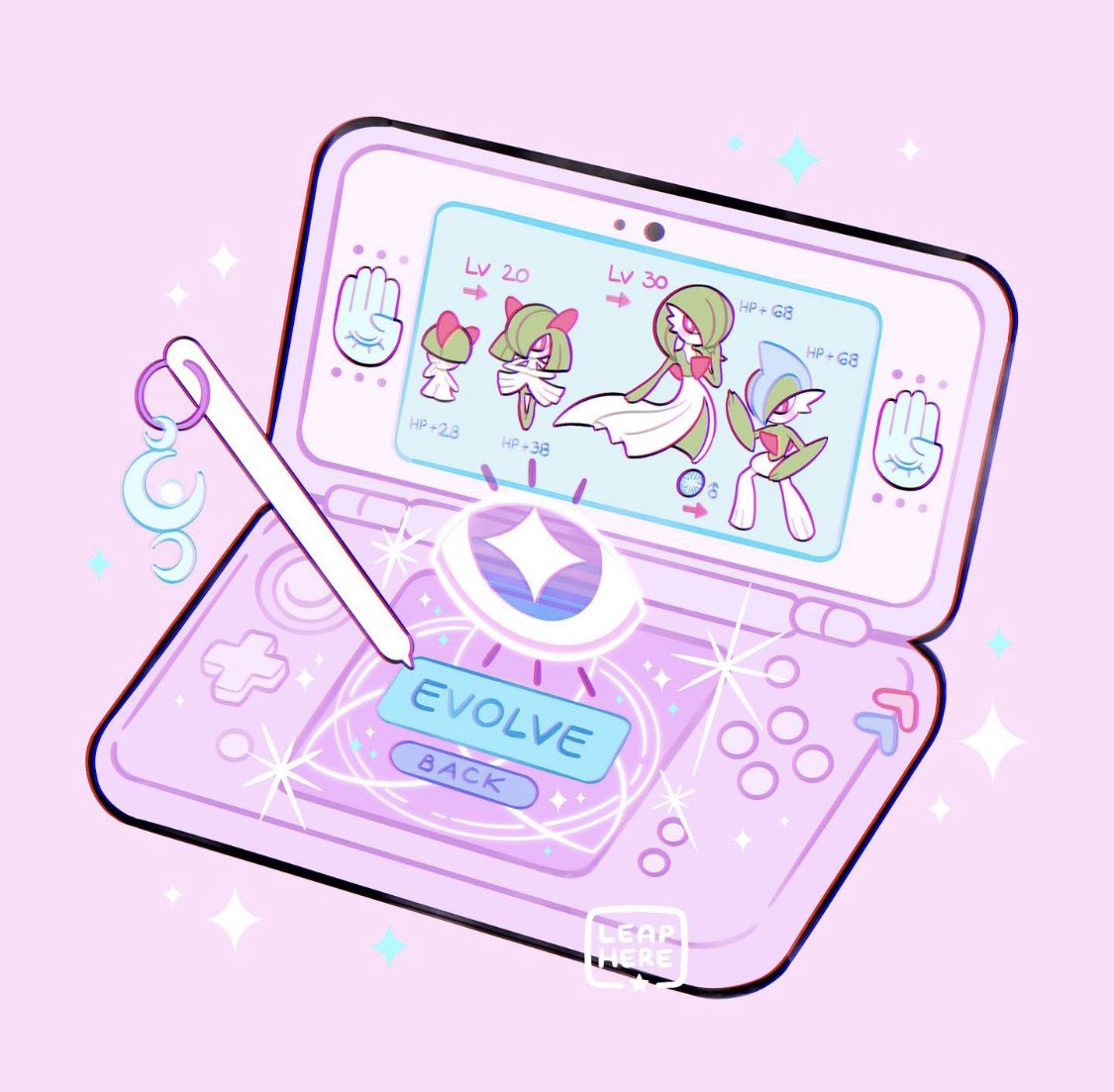 arm_blade, artist_name, bob_cut, colored_skin, dawn_stone, dress, evolutionary_line, gallade, gardevoir, green_hair, green_skin, hair_over_one_eye, handheld_game_console, horns, kirlia, leaphere, multicolored_skin, new_nintendo_3ds, pink_background, pink_eyes, pokemon, pokemon_(creature), ralts, sidelocks, stylus, two-tone_skin, weapon, white_dress, white_skin