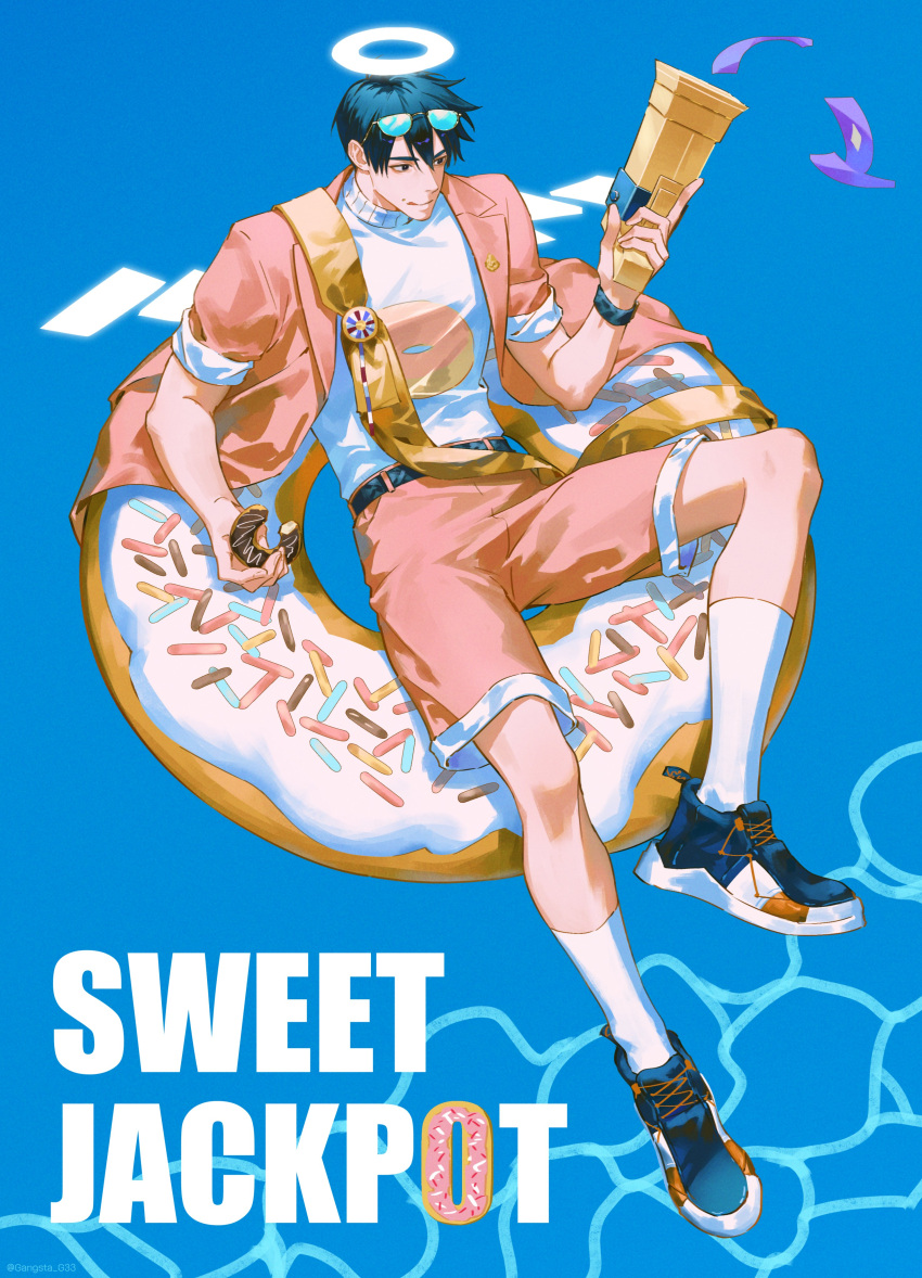 1boy, absurdres, arknights, black_eyes, blue-tinted_eyewear, blue_background, blue_hair, commentary