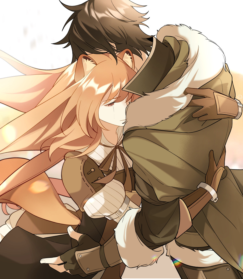1boy, 1girl, absurdres, animal_ear_fluff, animal_ears, armor, black_gloves, black_hair, black_shirt, brown_dress, brown_gloves, brown_hair, brown_ribbon, cape, chinese_commentary, closed_mouth, collared_shirt, commentary_request, couple, crying, crying_with_eyes_open, dice657523, dress, fingerless_gloves, floating_hair, fur-trimmed_cape, fur_trim, gloves, green_cape, hetero, high_collar, highres, hug, iwatani_naofumi, leather, leather_armor, leather_gloves, long_hair, mixed-language_commentary, multicolored_clothes, multicolored_dress, neck_ribbon, pauldrons, raccoon_ears, raccoon_girl, raccoon_tail, raphtalia, red_eyes, ribbon, sepia, shirt, short_hair, shoulder_armor, signature, simple_background, single_pauldron, tail, tate_no_yuusha_no_nariagari, tears, upper_body, white_background, white_dress