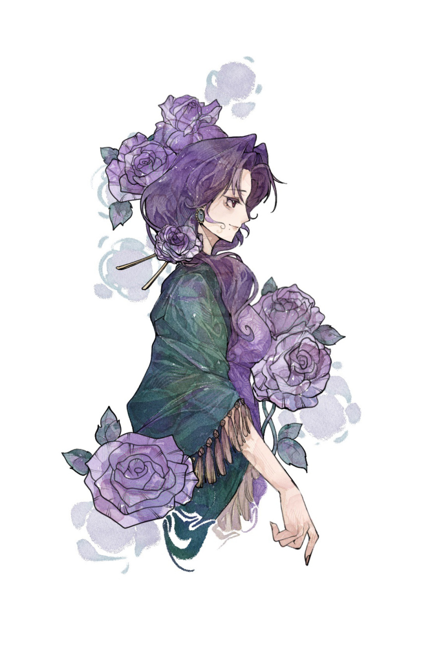 1girl, adapted_costume, carnation, chinese_commentary, commentary_request, cropped_torso, curtained_hair, dress