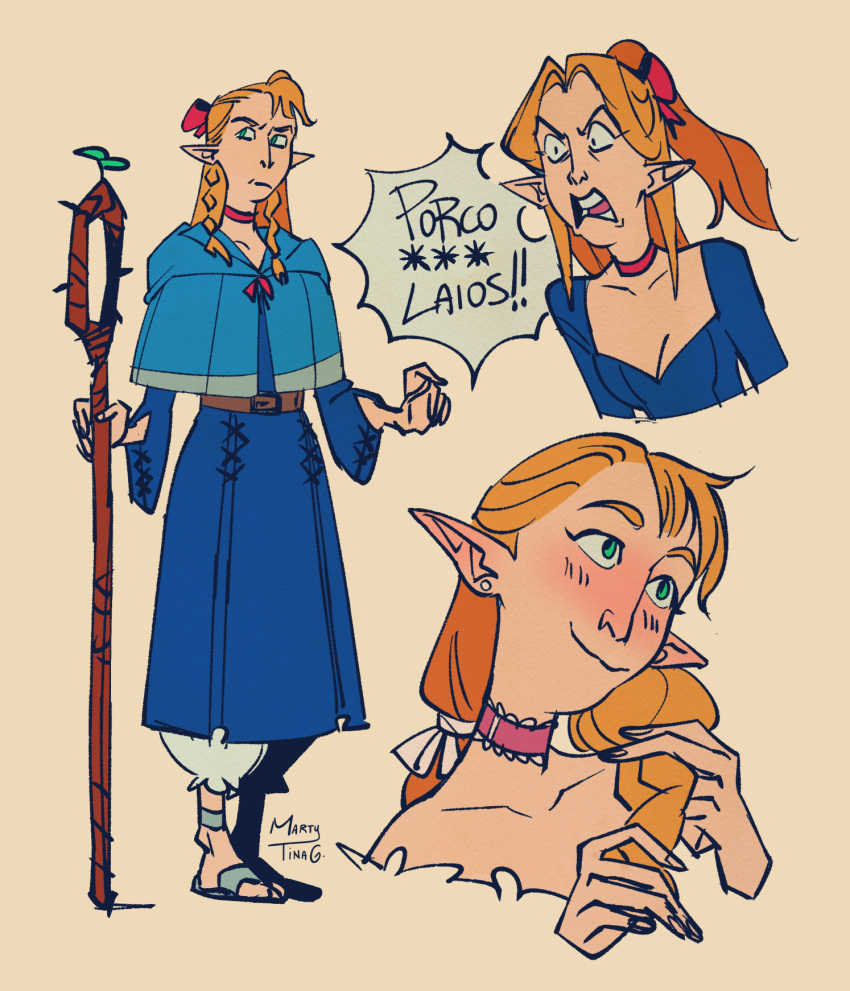 1girl, ambrosia_(dungeon_meshi), angry, blonde_hair, blue_capelet, blue_robe, blush, braid, brown_background, capelet, closed_mouth, commentary, dungeon_meshi, elf, english_commentary, geezmarty, green_eyes, highres, italian_text, long_hair, marcille_donato, multiple_braids, multiple_views, open_mouth, pointy_ears, robe, shouting, signature, simple_background, smile, standing
