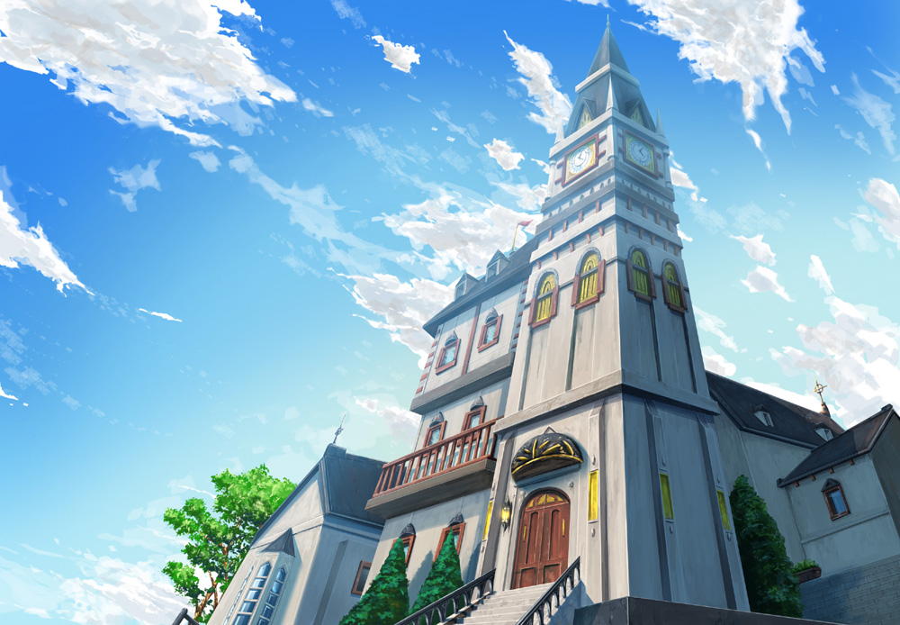 balcony, church, clock, clock_tower, cloud, cross, door, gahakuna_kuroneko