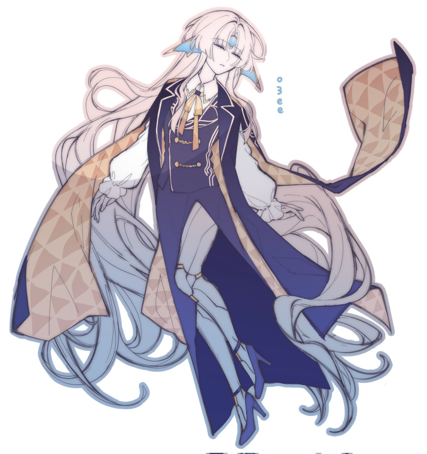 1girl, artist_name, blue_coat, blue_footwear, blue_suit, bow, bowtie, closed_eyes, coat, commentary, english_commentary, fins, forehead_jewel, full_body, gem, grey_eyes, head_fins, high_heels, highres, honkai:_star_rail, honkai_(series), long_hair, mechanical_legs, omee_e, parted_bangs, pearl_(gemstone), pearl_(honkai:_star_rail), shirt, suit, very_long_hair, waistcoat, white_background, white_hair, white_shirt, yellow_bow, yellow_bowtie