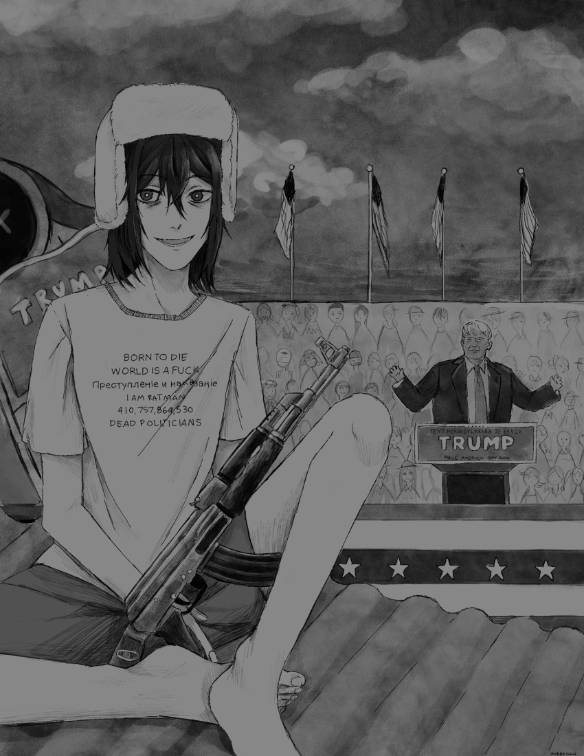 2024_assassination_attempt_of_donald_trump, 2boys, american_flag, bags_under_eyes, barefoot, born_to_die_world_is_a_fuck_(meme), bungou_stray_dogs, collared_shirt