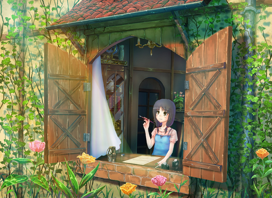 blouse, book, bookshelf, brown_eyes, chair, curtains, door, drawing