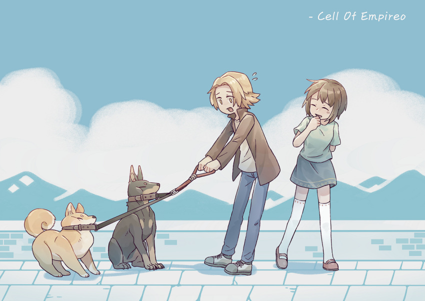 1boy, 1girl, arm_behind_back, blue_pants, blue_skirt, breasts, brown_hair, brown_jacket, closed_eyes, copyright_name, day, dobermann, dog, endou_akane, flying_sweatdrops, full_body, green_shirt, hakka_(ariel0104), hand_to_own_mouth, holding, holding_leash, jacket, leash, light_brown_hair, long_sleeves, male_focus, mary_janes, medium_breasts, miniskirt, open_clothes, open_jacket, open_mouth, outdoors, pants, parted_bangs, saibou_shinkyoku, shiba_inu, shinano_eiji, shirt, shoes, short_hair, short_sleeves, skirt, smile, sneakers, t-shirt, thigh-highs, tina_(saibou_shinkyoku), white_footwear, white_shirt, white_thighhighs, yellow_eyes