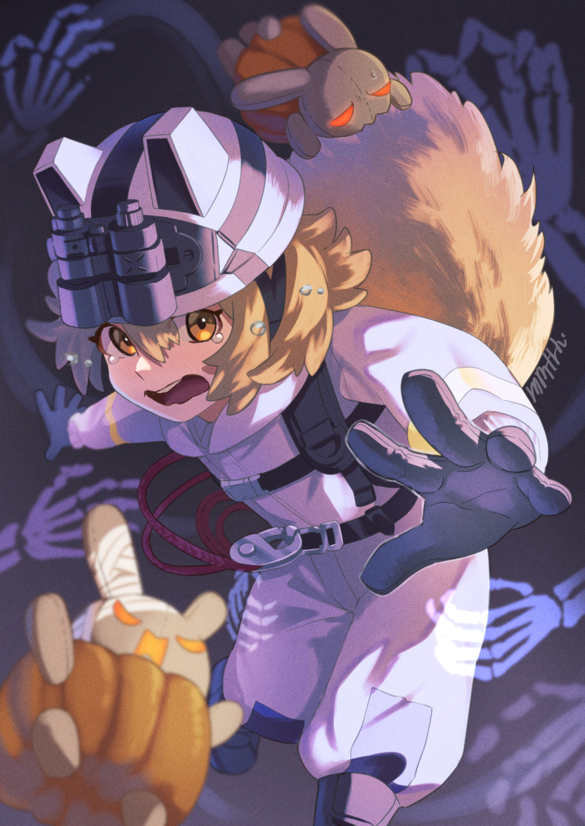 1girl, arknights, binoculars, biting_another's_tail, black_gloves, brown_hair, choshanland_plushy_(arknights), commentary_request, disembodied_hand, gloves, grey_background, grey_helmet, grey_jumpsuit, harness, helmet, highres, jumpsuit, looking_at_viewer, memetaroh, open_mouth, pumpkin, red_eyes, scared, shaw_(arknights), shaw_(cleansweeper_in_the_castle)_(arknights), short_hair, signature, simple_background, skeleton, solo, squirrel_tail, tail, tearing_up, yellow_eyes