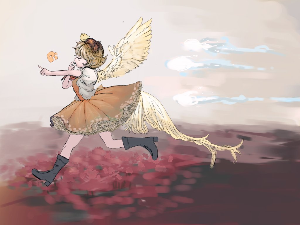 1girl, bird_tail, bird_wings, blonde_hair, chicken_girl, feathered_wings, field, flower