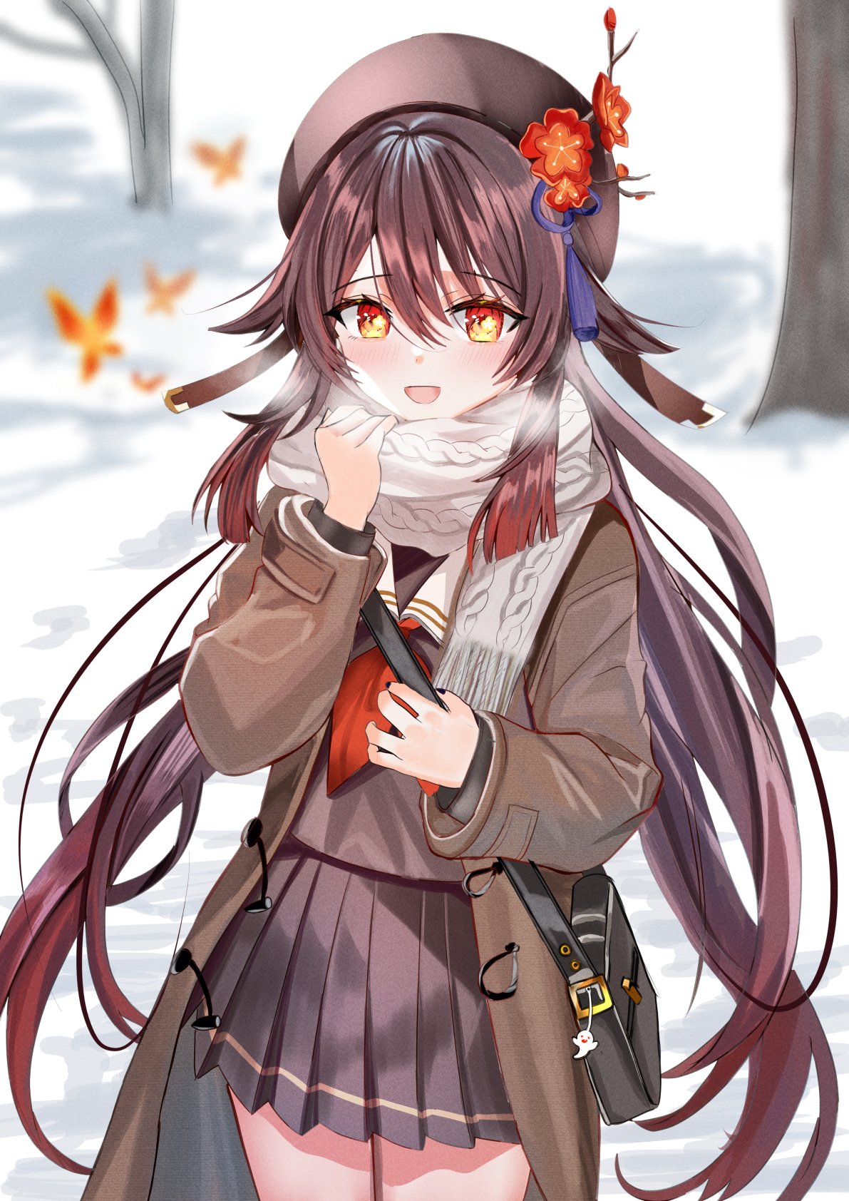 1girl, :d, bag, black_nails, blush, breath, brown_coat, brown_hair