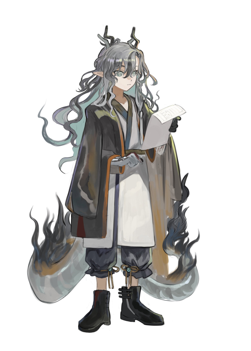 1boy, absurdres, aged_down, arknights, black_footwear, black_jacket, chinese_clothes, colored_inner_hair, colored_skin, commentary_request, dragon_boy, dragon_horns, dragon_tail, green_hair, grey_eyes, grey_hair, highres, holding, holding_paper, horns, jacket, male_focus, multicolored_hair, paper, pointy_ears, shoes, simple_background, slit_pupils, solo, tail, white_background, yomotobi, zhi_(arknights)