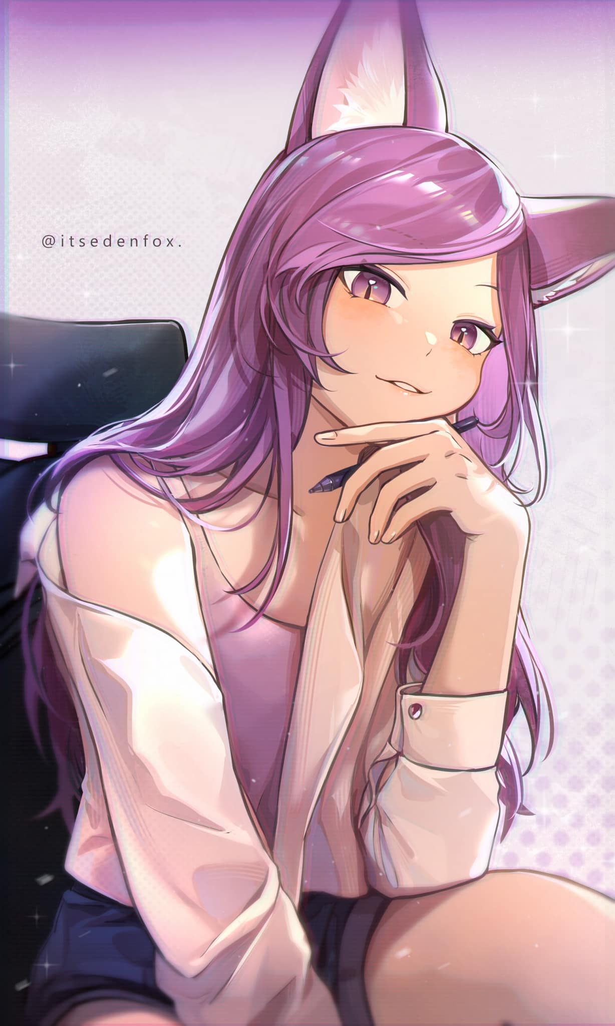 1girl, animal_ear_fluff, animal_ears, arm_between_legs, collarbone, commentary_request, cowboy_shot, denim