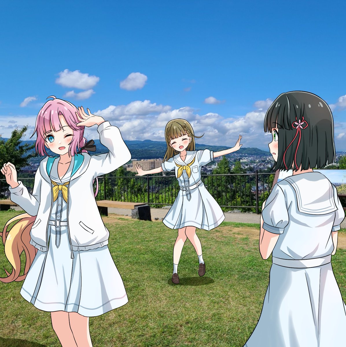 3girls, ;d, ^_^, ahoge, anyoji_hime, arm_up, black_hair, black_ribbon