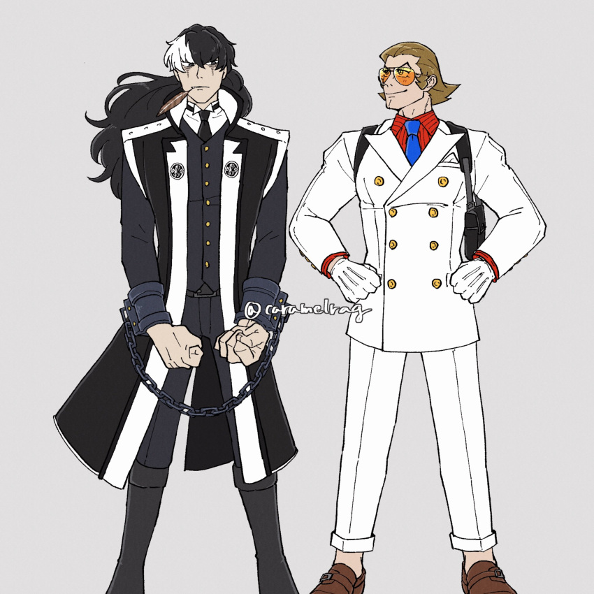 2boys, ace_attorney, black_coat, black_hair, black_jacket, black_necktie, black_pants, blue_necktie