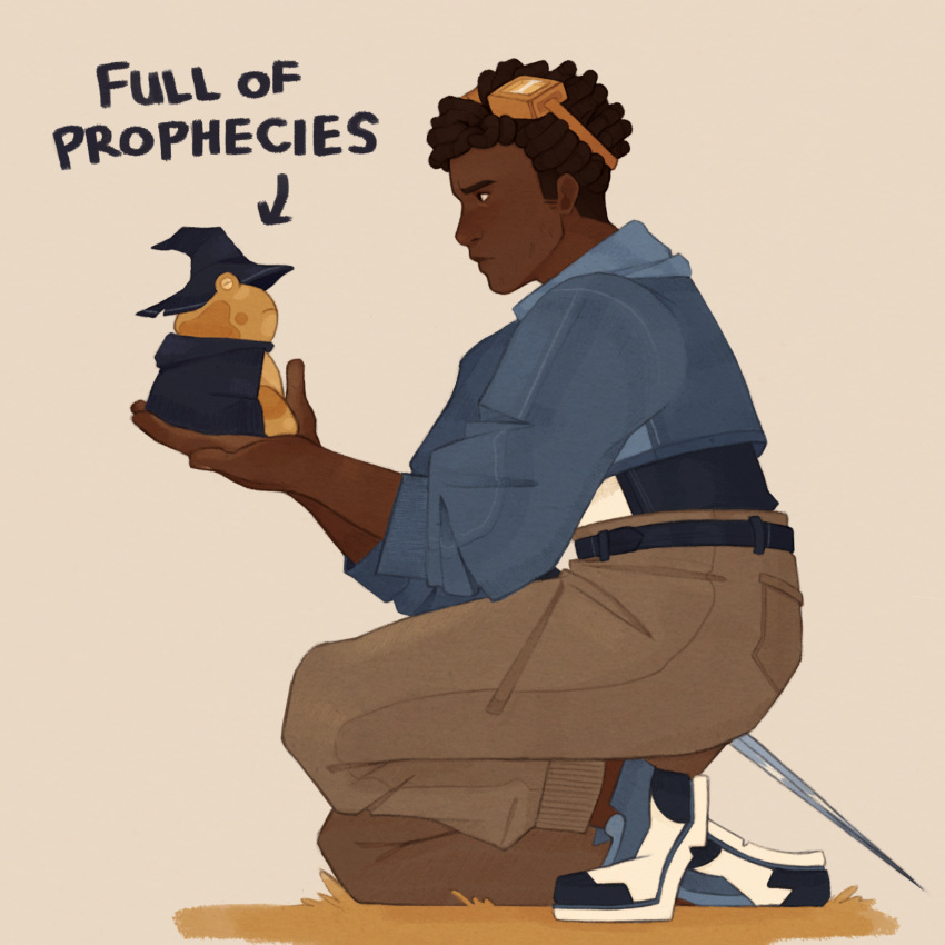 1boy, afro, animal, belt, bigbst4tz2, black_eyes, blue_belt, blue_footwear