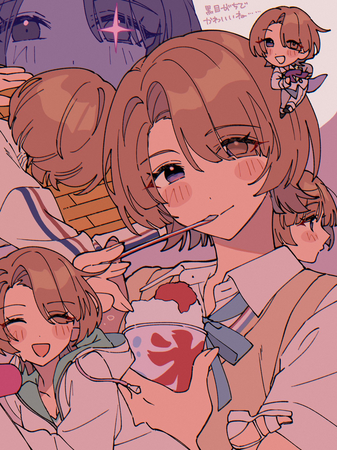 1girl, arimura_mao, asymmetrical_bangs, blush, collage, drinking_straw, fluorite_(idolmaster), food