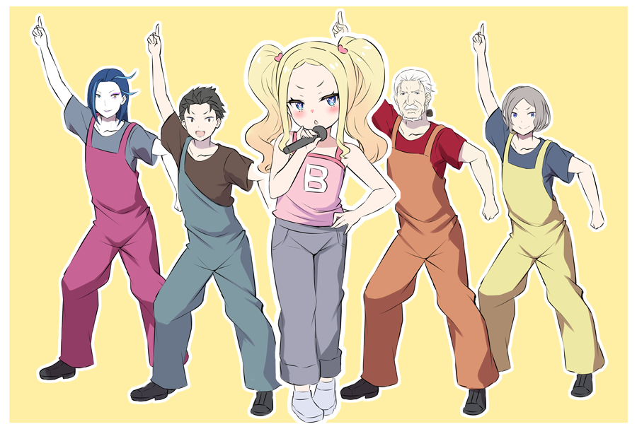 1girl, 4boys, :d, :o, alternate_costume, beard, beatrice_(re:zero), black_footwear