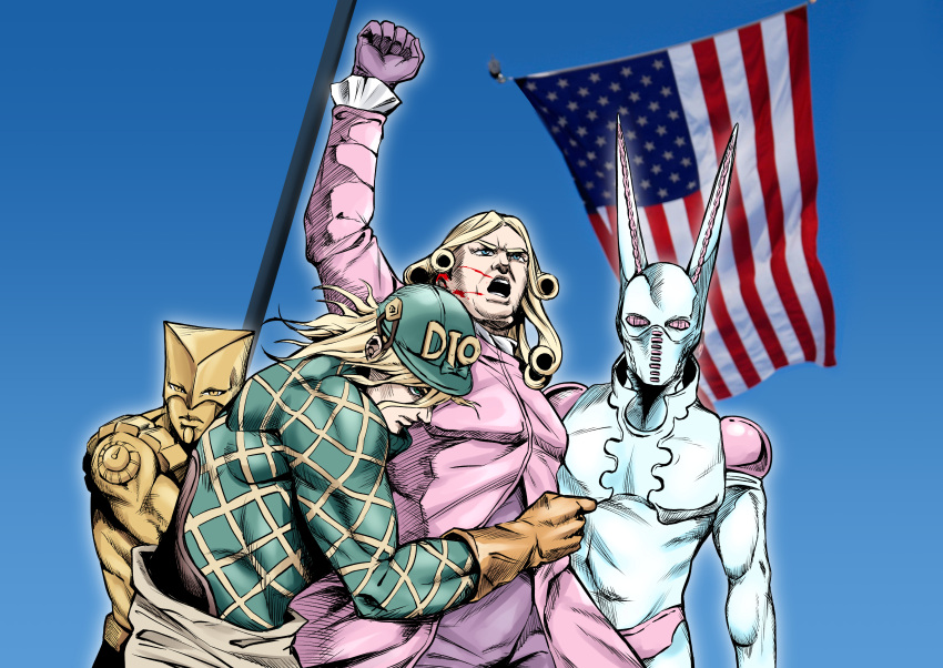 2024_assassination_attempt_of_donald_trump, 2boys, absurdres, american_flag, aqua_hat, argyle_clothes, argyle_sweater, arm_up