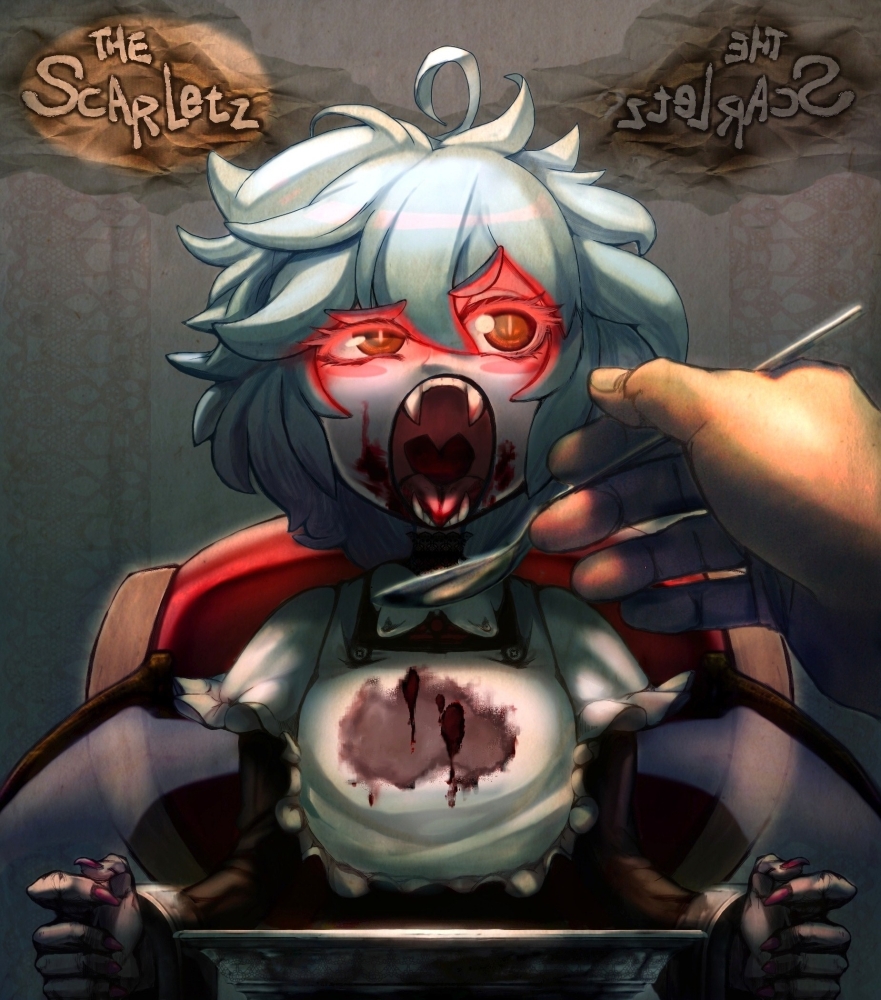 apron, bat_wings, bdsm, blood, blue_hair, blush_stickers, chair, creepy