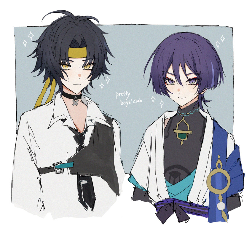 2boys, black_choker, black_hair, choker, closed_mouth, collared_shirt, cropped_torso, crossover