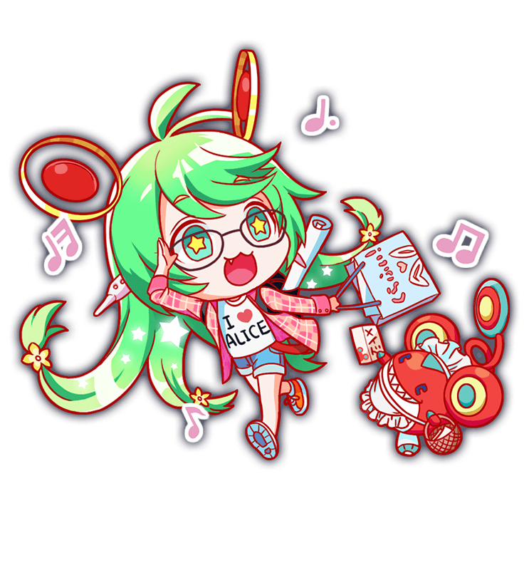 1girl, absurdly_long_hair, alternate_costume, animal_ears, animal_print, antenna_hair, apron, aqua_eyes, aqua_shorts, artist_request, bag, basket, beamed_sixteenth_notes, black_bra, box, bra, buttoned_cuffs, buttons, cel_shading, character_print, chibi, closed_mouth, colored_tips, crash_fever, denim, denim_shorts, eighth_note, english_text, fang, flower, frilled_apron, frills, full_body, game_cg, glasses, gradient_hair, green_hair, hair_flower, hair_ornament, happy_(crash_fever), heart, holding, holding_basket, holding_box, jacket, jerry_(crash_fever), knot, long_hair, low-tied_long_hair, maid_headdress, multicolored_hair, musical_note, official_alternate_costume, official_art, open_mouth, orange_footwear, outline, pink_jacket, pink_sleeve_cuffs, plaid_clothes, plaid_jacket, quarter_note, rabbit_ears, rabbit_print, red_outline, running, saturated, sharp_teeth, shirt, shopping_bag, shorts, sleeve_cuffs, star_(symbol), star_in_eye, symbol_in_eye, t-shirt, tachi-e, teeth, transparent_background, underwear, very_long_hair, white_apron, white_footwear, white_headdress, white_shirt, yellow_flower