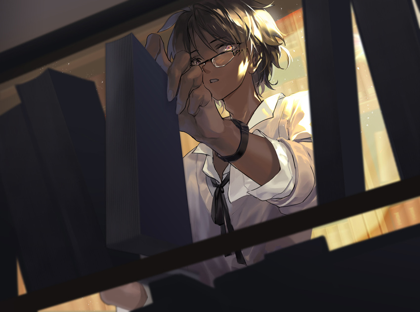 1boy, arknights, bespectacled, book, bookshelf, brown_hair, brown_sweater, chinese_commentary