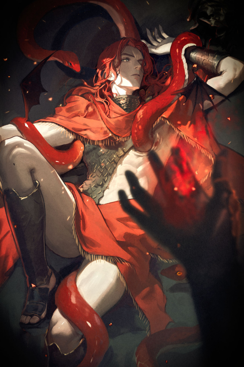 abs, animal, arm_above_head, arm_up, bai_rui, bat_wings, black_background, bracer, chest_armor, closed_mouth, disembodied_hand, dutch_angle, elden_ring, embers, foot_out_of_frame, gladiator_sandals, glowing, glowing_eyes, highres, knee_up, long_hair, looking_at_viewer, looking_up, male_chest, messmer_the_impaler, mini_wings, red_robe, red_snake, redhead, robe, sandals, simple_background, single_bracer, snake, snake_wrapped_around_body, wings, yellow_eyes